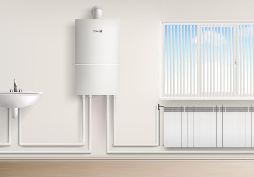 Boiler water heater with radiator and washbasin Bathroom with boiler water heater connected with radiator and washbasin, bath room interior with jalousie window. Home appliances, central heating system equipment. Realistic 3d vector illustration